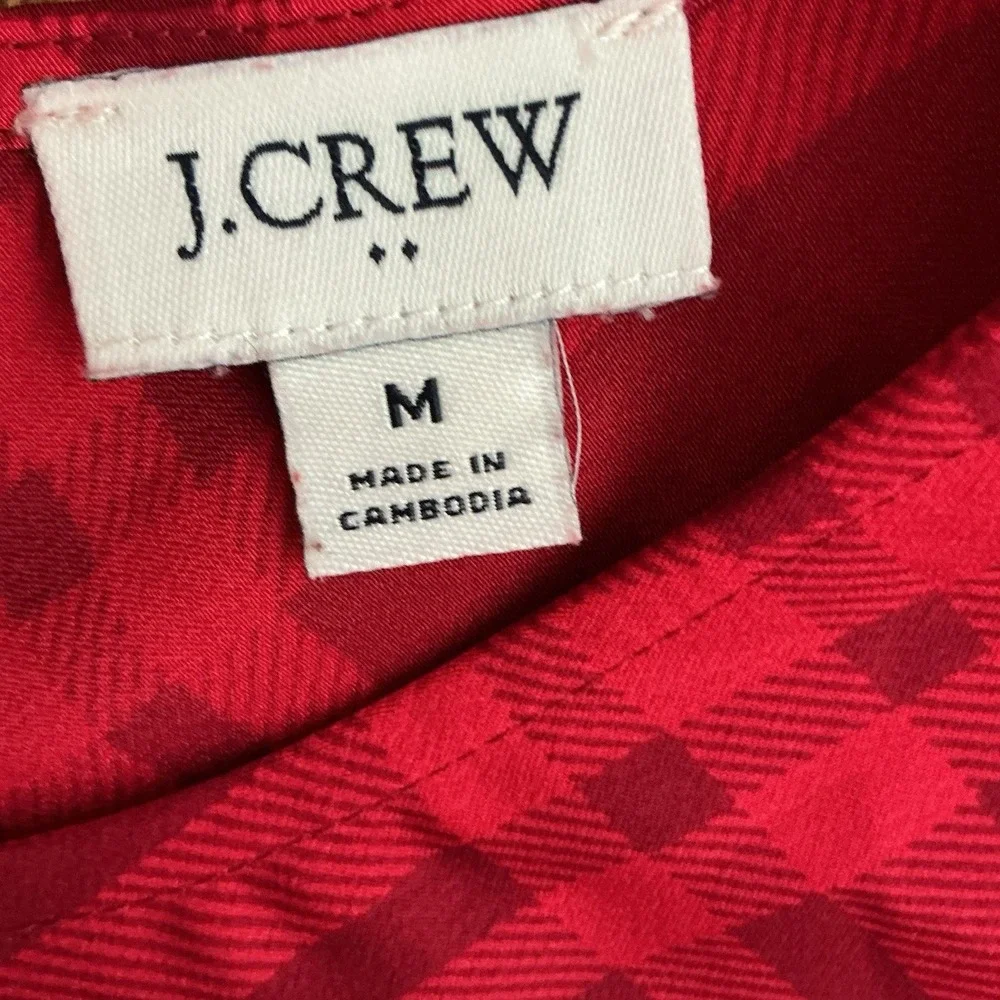 J. Crew Red Plaid Sleeveless Shell Blouse Button Back Top Size M Satin Office